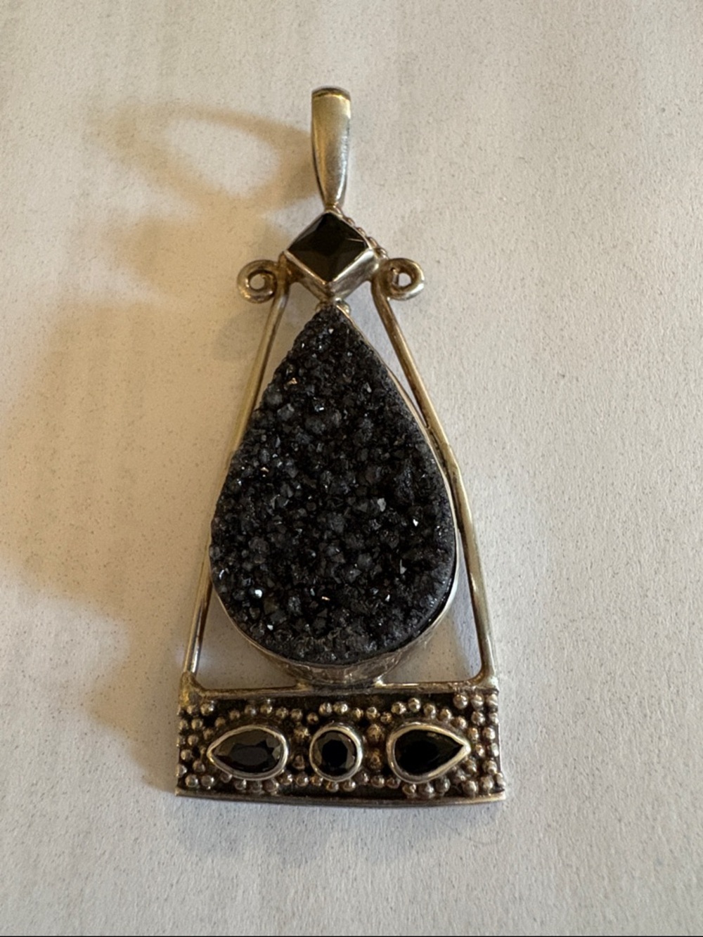 Sterling Contemporary Bali Style Black Druzy Stone Pendant.  Stamped on back.